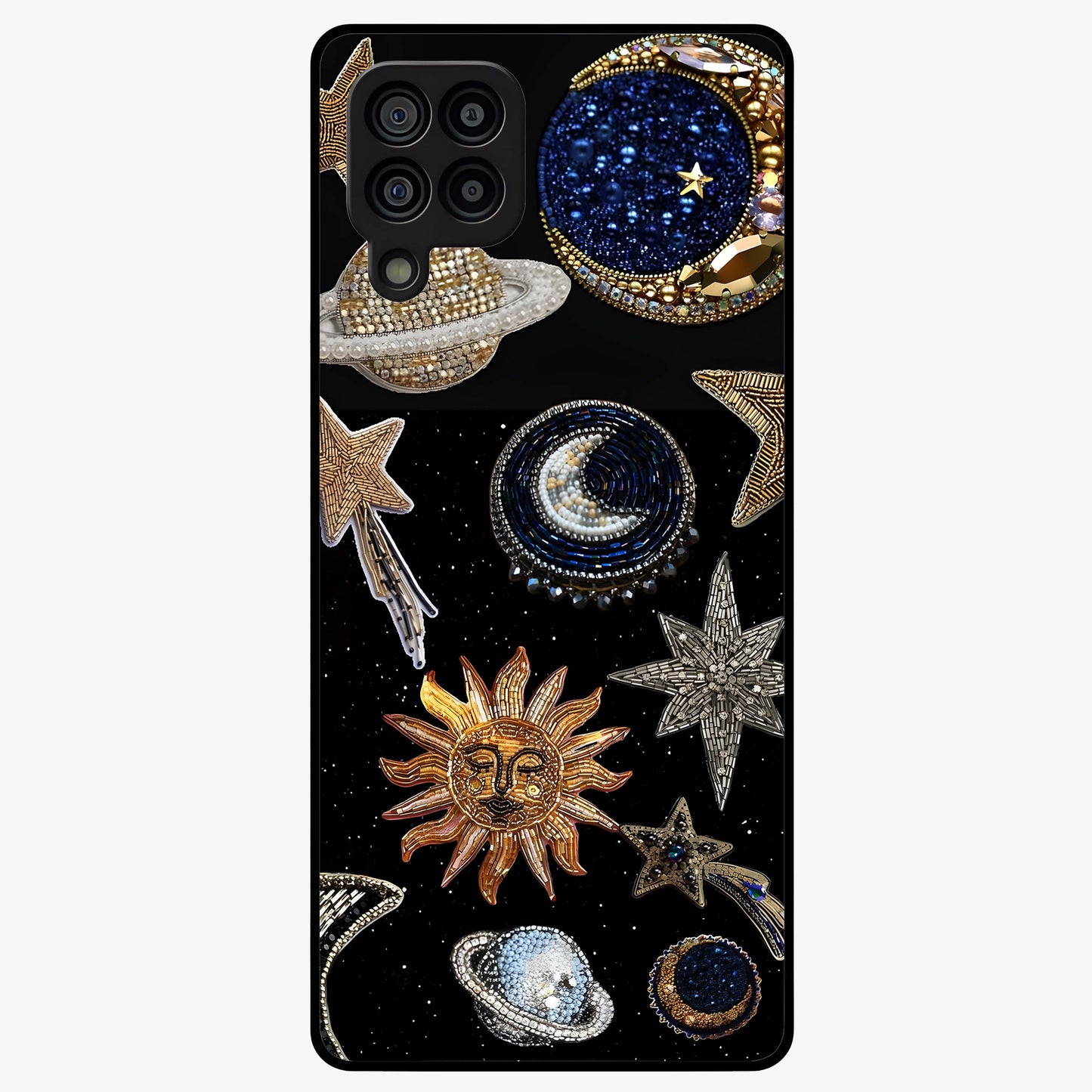 Celestial Gem Constellations Glass Case showing flat back view with sparkling constellation artwork and glossy glass finish.