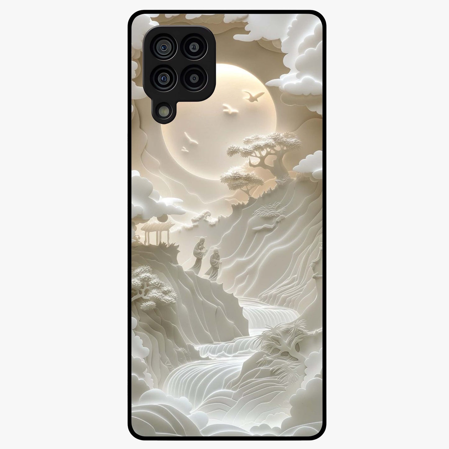 Celestial Origami Glass Case showing flat back view with artistic origami inspired celestial artwork and glossy glass finish.