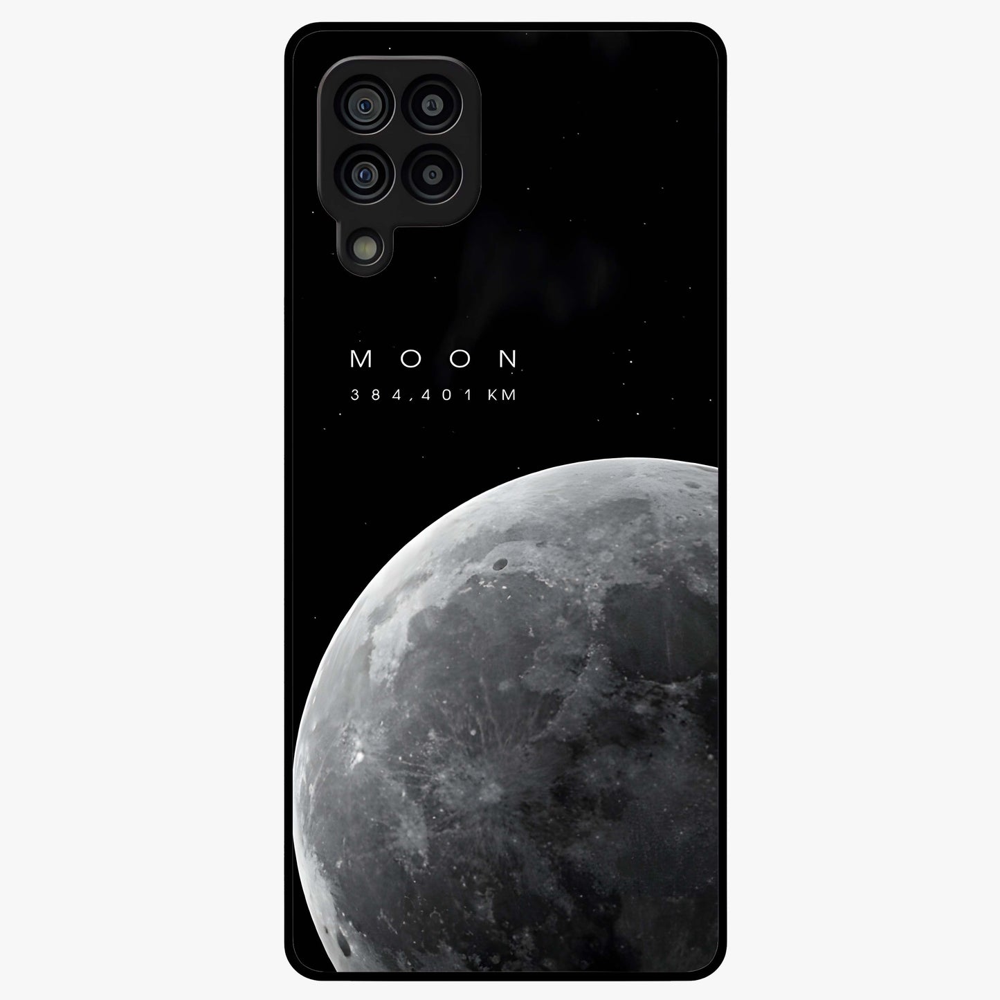 Cosmic Moon Glow Glass Case showing flat back view with glowing moon artwork and glossy glass finish.
