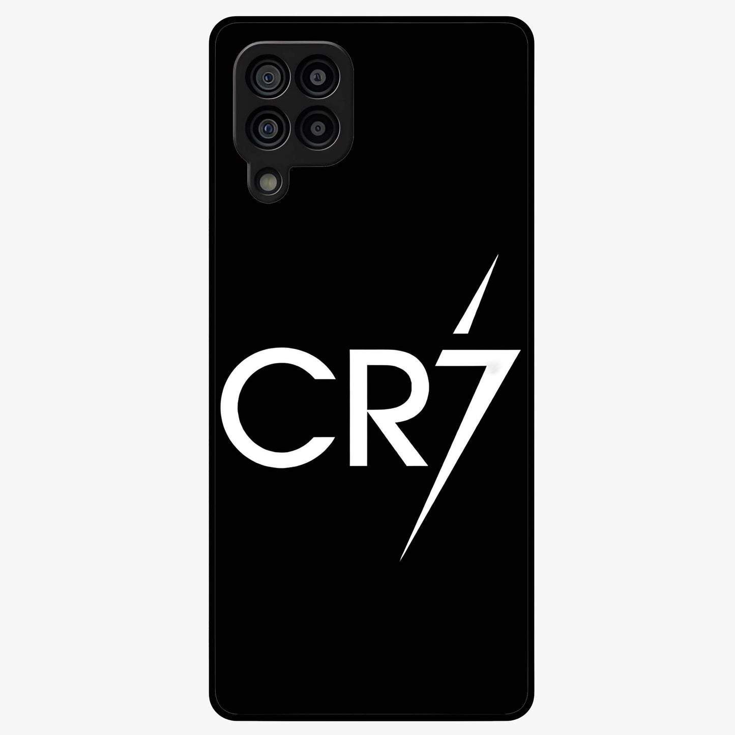 Cr7 Elite Strike Glass Case showing flat back view with dynamic football inspired artwork and glossy glass finish.