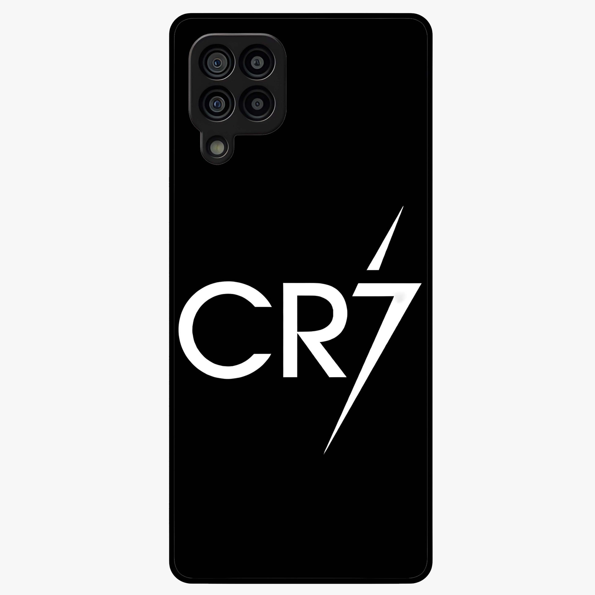 Cr7 Elite Strike Glass Case showing flat back view with dynamic football inspired artwork and glossy glass finish.