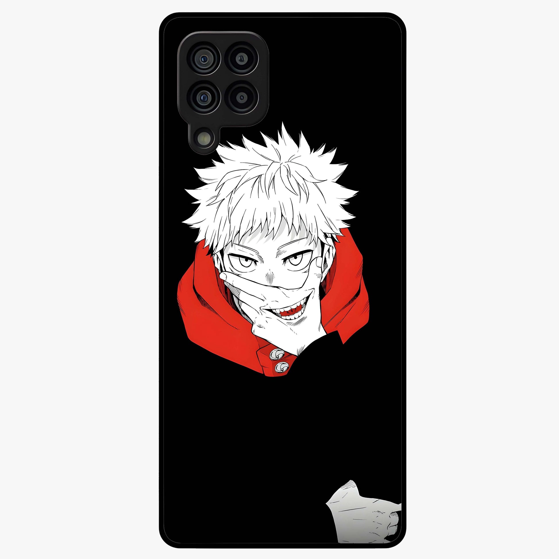 Crimson Chaos Smile Glass Case showing flat back view with bold chaotic smile artwork and glossy glass finish.