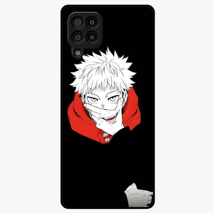 Crimson Chaos Smile Glass Case showing flat back view with bold chaotic smile artwork and glossy glass finish.