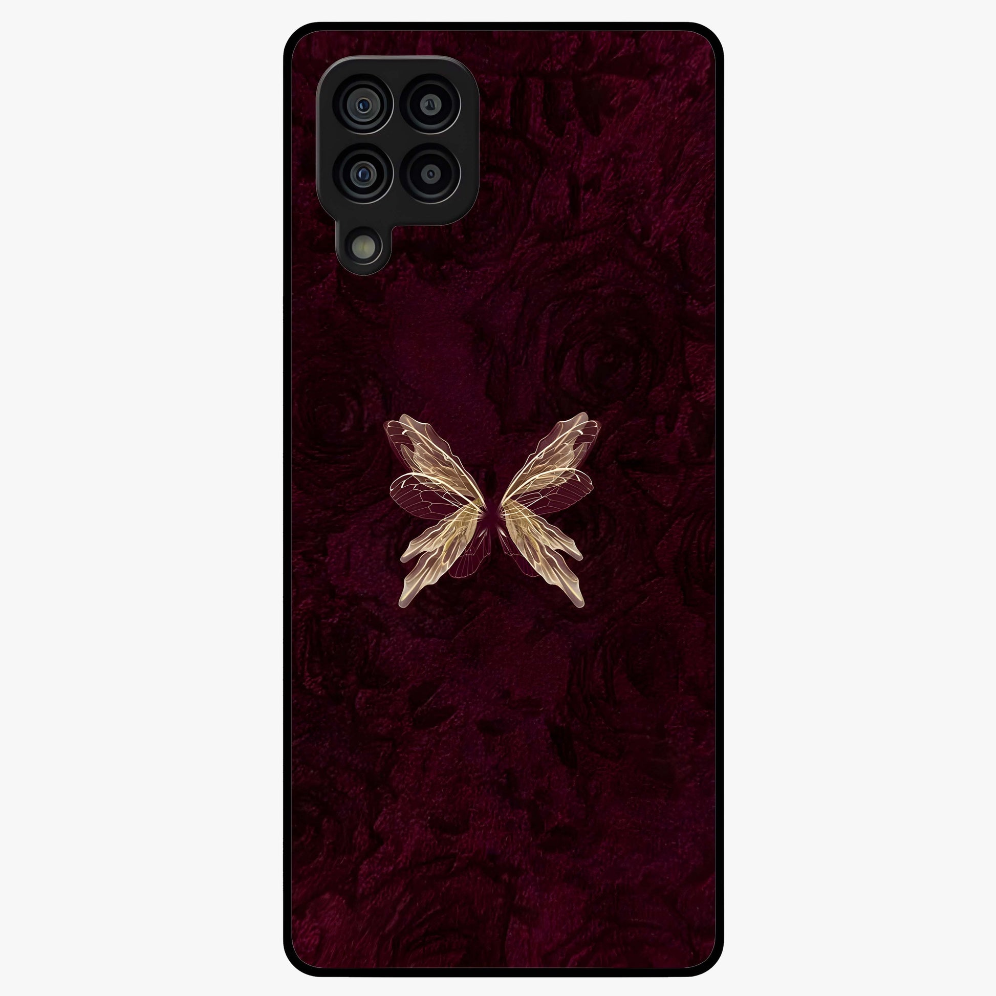 Crimson Fade Butterfly Glass Case showing flat back view with fading butterfly artwork and glossy glass finish.