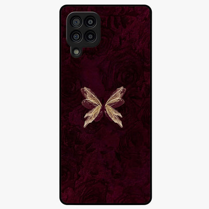 Crimson Fade Butterfly Glass Case showing flat back view with fading butterfly artwork and glossy glass finish.