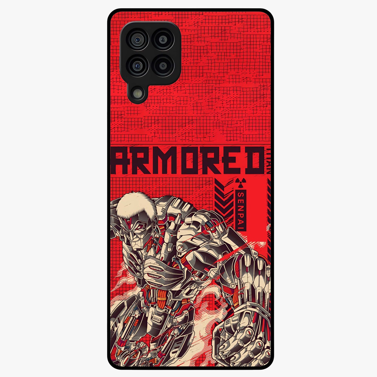 Crimson Mecha Titan Glass Case showing flat back view with powerful mech titan artwork and glossy glass finish.
