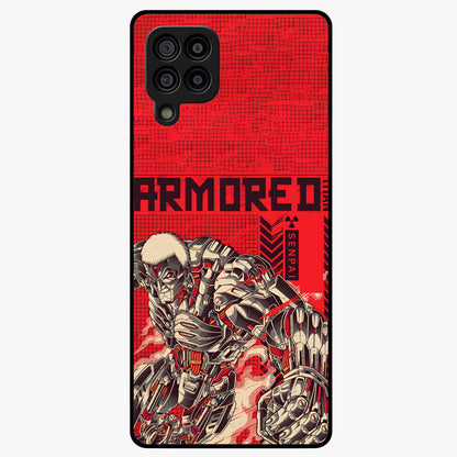 Crimson Mecha Titan Glass Case showing flat back view with powerful mech titan artwork and glossy glass finish.