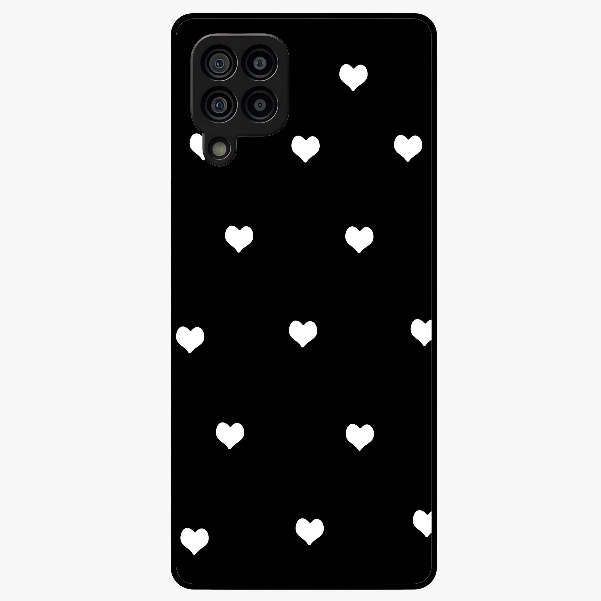 Cute And Simple White Hearts Glass Case showing flat back view with minimal white heart pattern and glossy glass finish.