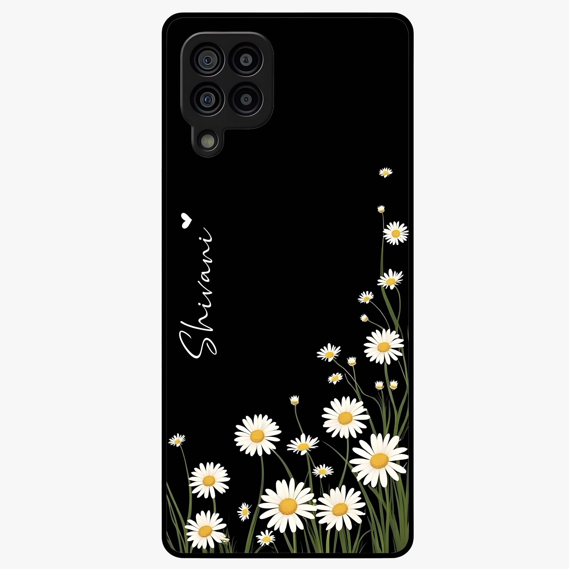 Daisy Cascade Custom Name Glass Case showing flat back view with cascading daisy flowers and personalized name design.