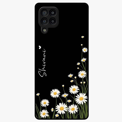 Daisy Cascade Custom Name Glass Case showing flat back view with cascading daisy flowers and personalized name design.