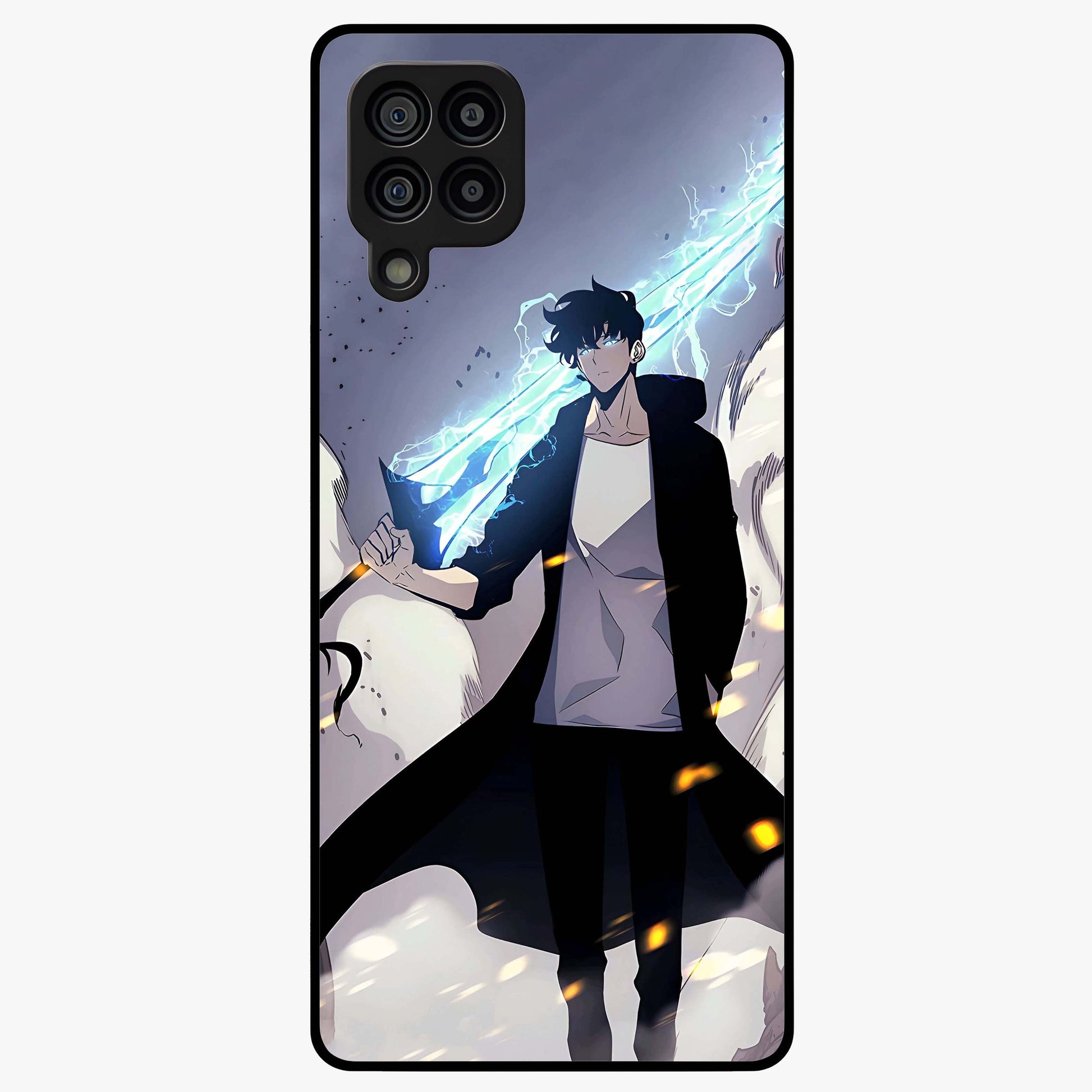 Dark Lightning Anime Warrior Glass Case showing flat back view with intense anime warrior artwork and glossy glass finish.