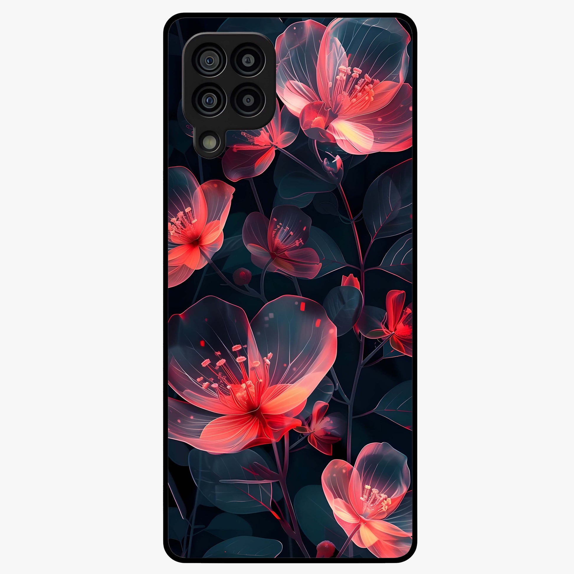 Dark Shade of Flower Glass Case showing flat back view with elegant dark floral artwork and glossy glass finish.