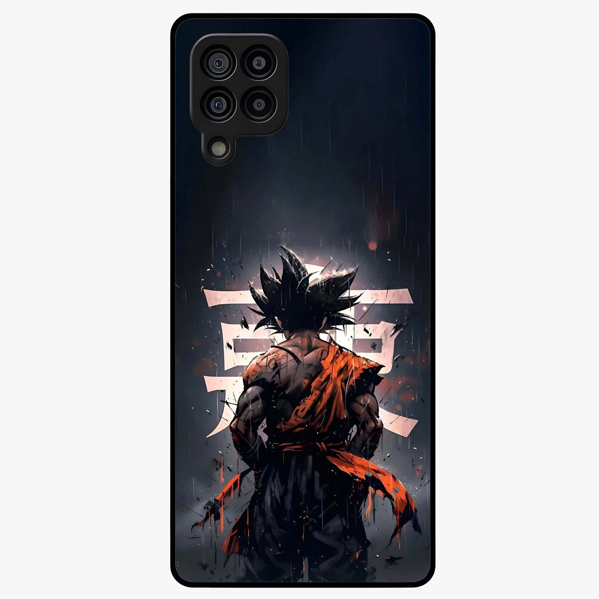 Dark Warrior In Rain Glass Case showing flat back view with warrior artwork in rainy atmosphere and glossy glass finish.
