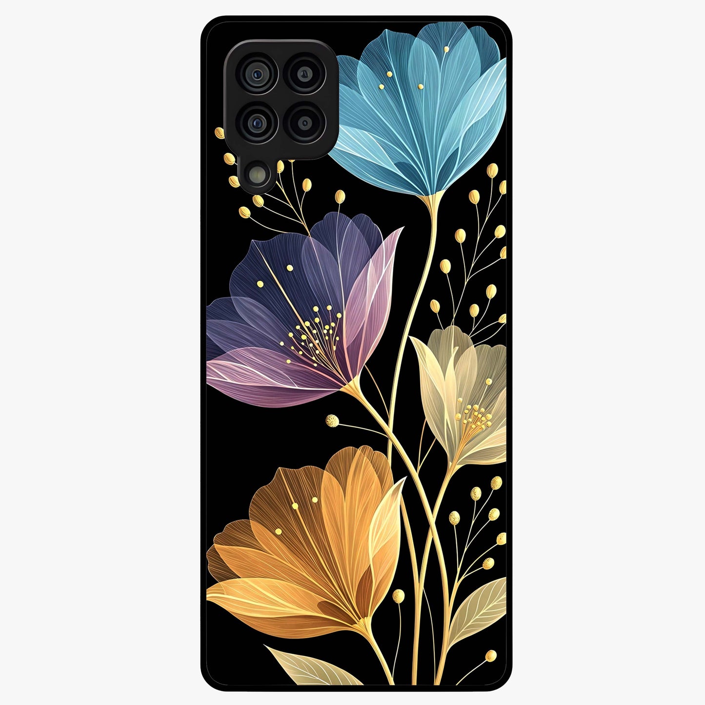 Delicate Multicolor Flowers Glass Case showing flat back view with vibrant floral artwork and glossy glass finish.