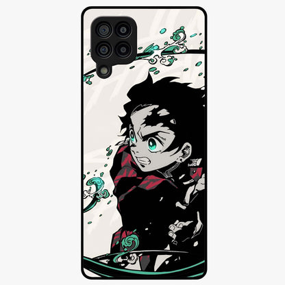 Demon Slayer Glass Case showing flat back view with bold anime inspired artwork and glossy glass finish.