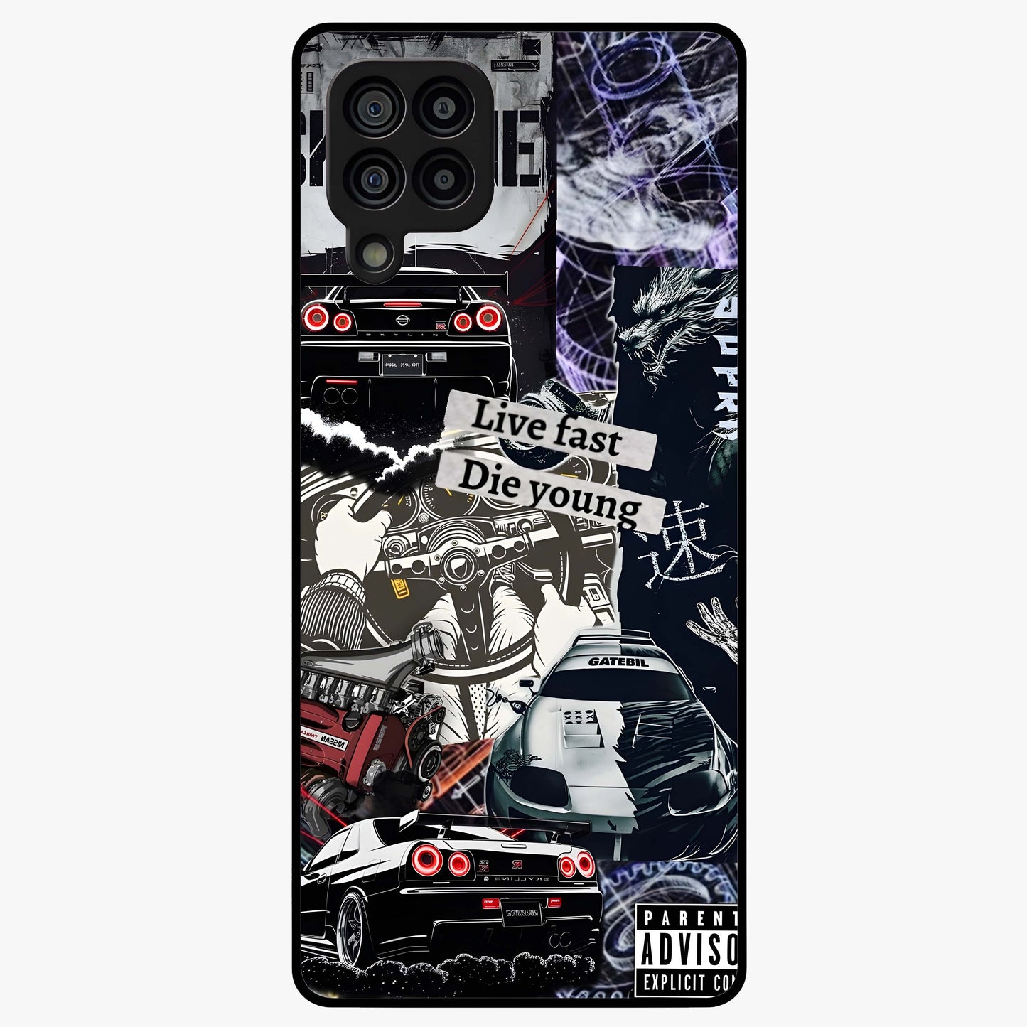 Die Young Glass Case showing flat back view with bold artistic typography design and glossy glass finish.