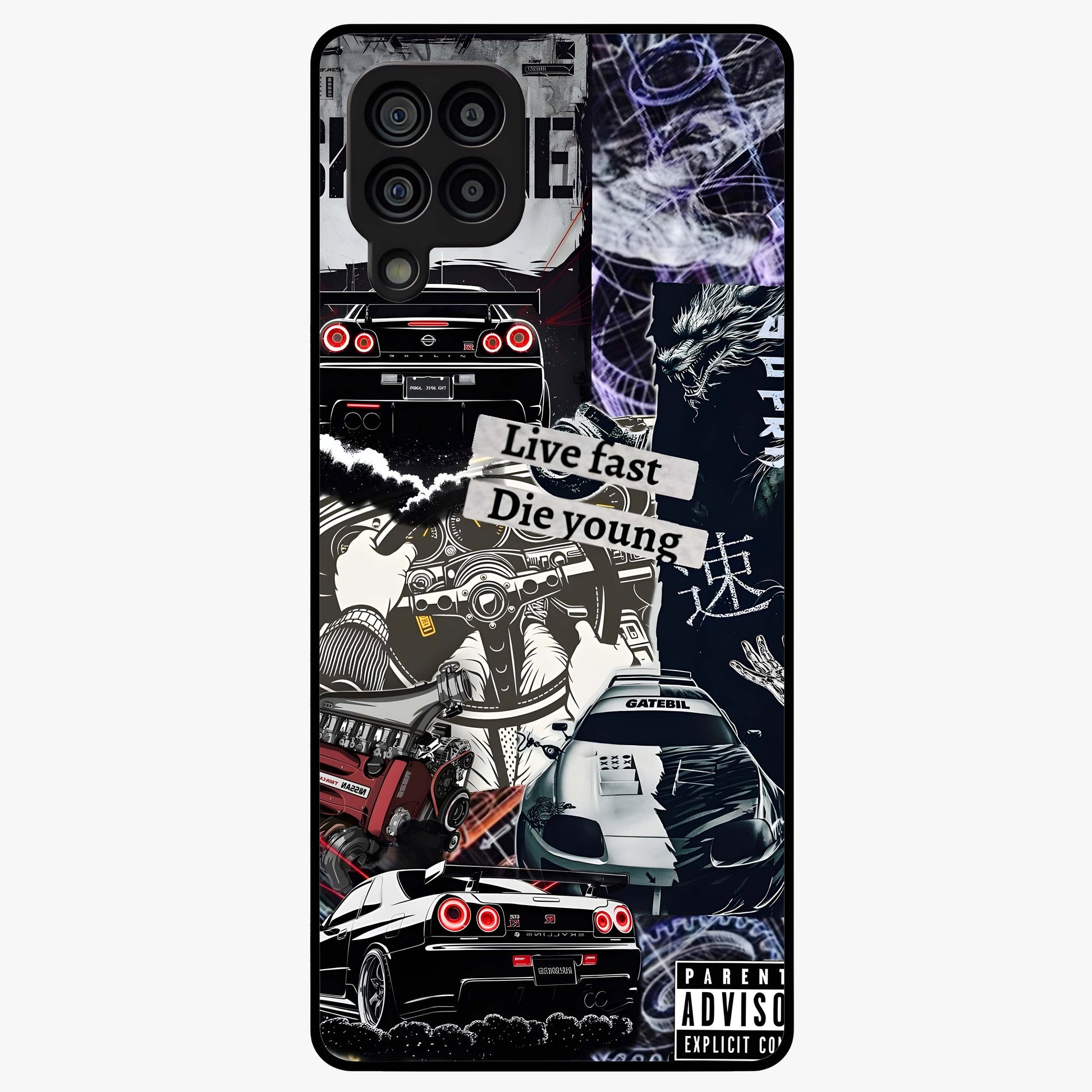 Die Young Glass Case showing flat back view with bold artistic typography design and glossy glass finish.