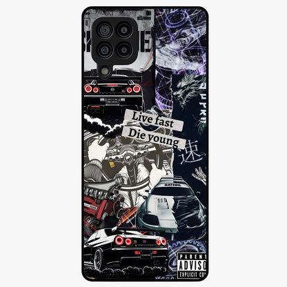 Die Young Glass Case showing flat back view with bold artistic typography design and glossy glass finish.