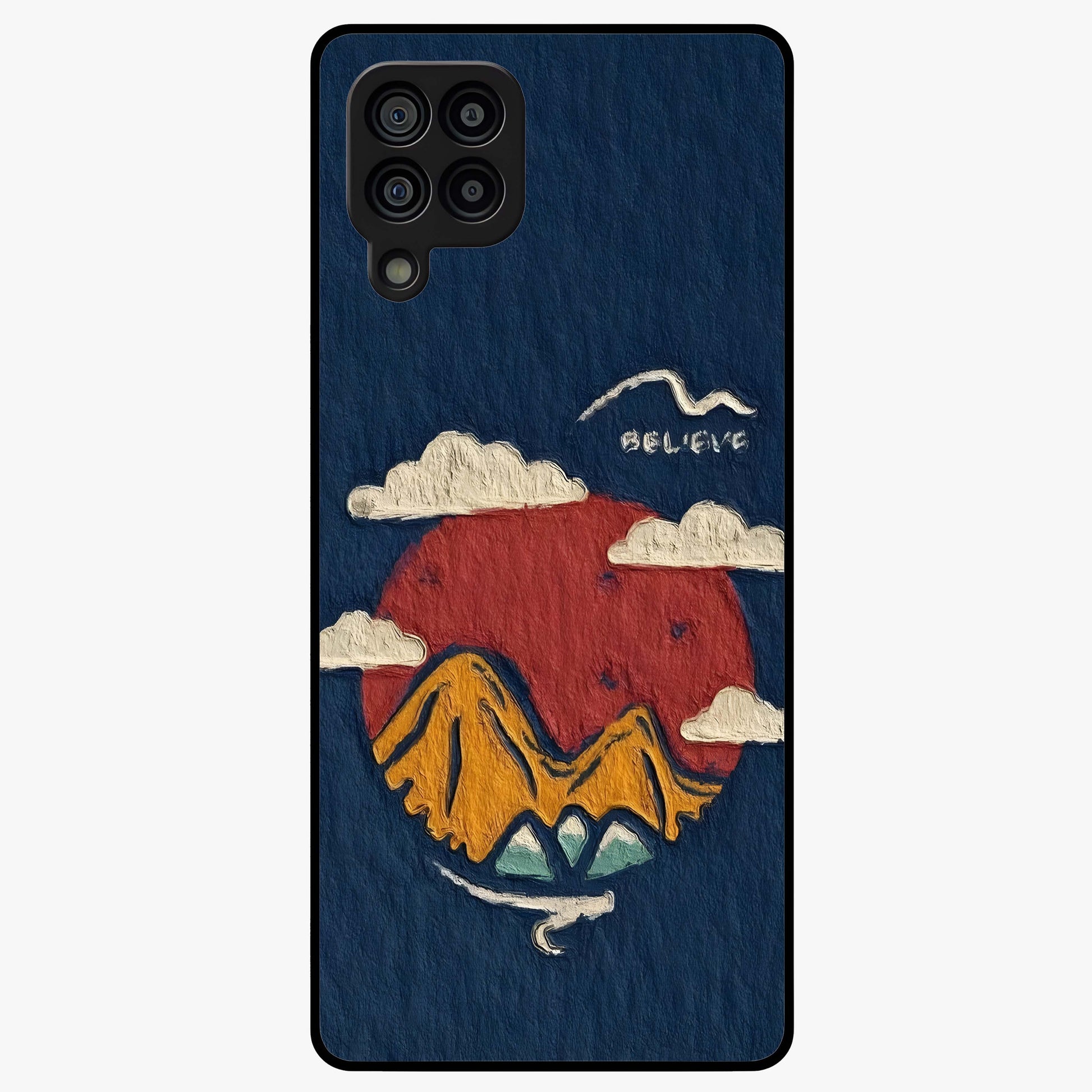 Dream Beyond Mountains Glass Case showing flat back view with scenic mountain landscape artwork and glossy glass finish.