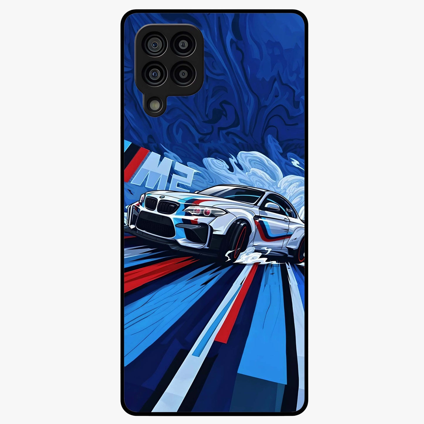 Drift Power Rush Glass Case showing flat back view with dynamic racing inspired artwork and glossy glass finish.