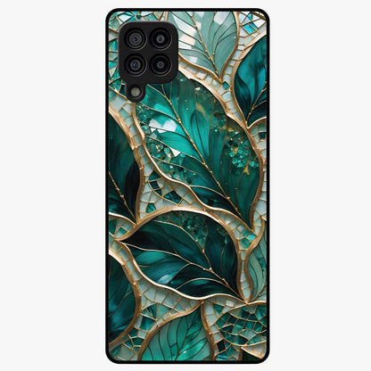 Emerald Leaf Glass Glass Case showing flat back view with emerald green leaf artwork and glossy glass finish.