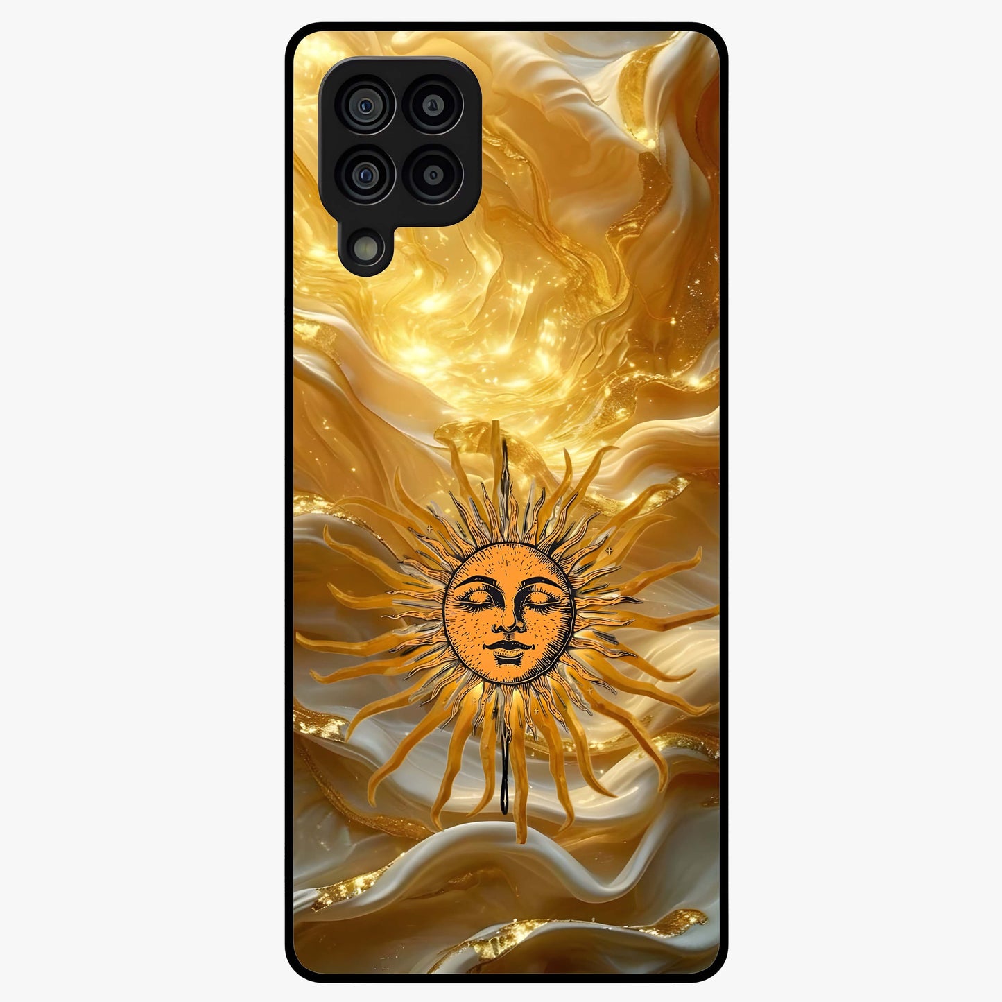 Eternal Golden Glow Glass Case showing flat back view with radiant golden themed artwork and glossy glass finish.