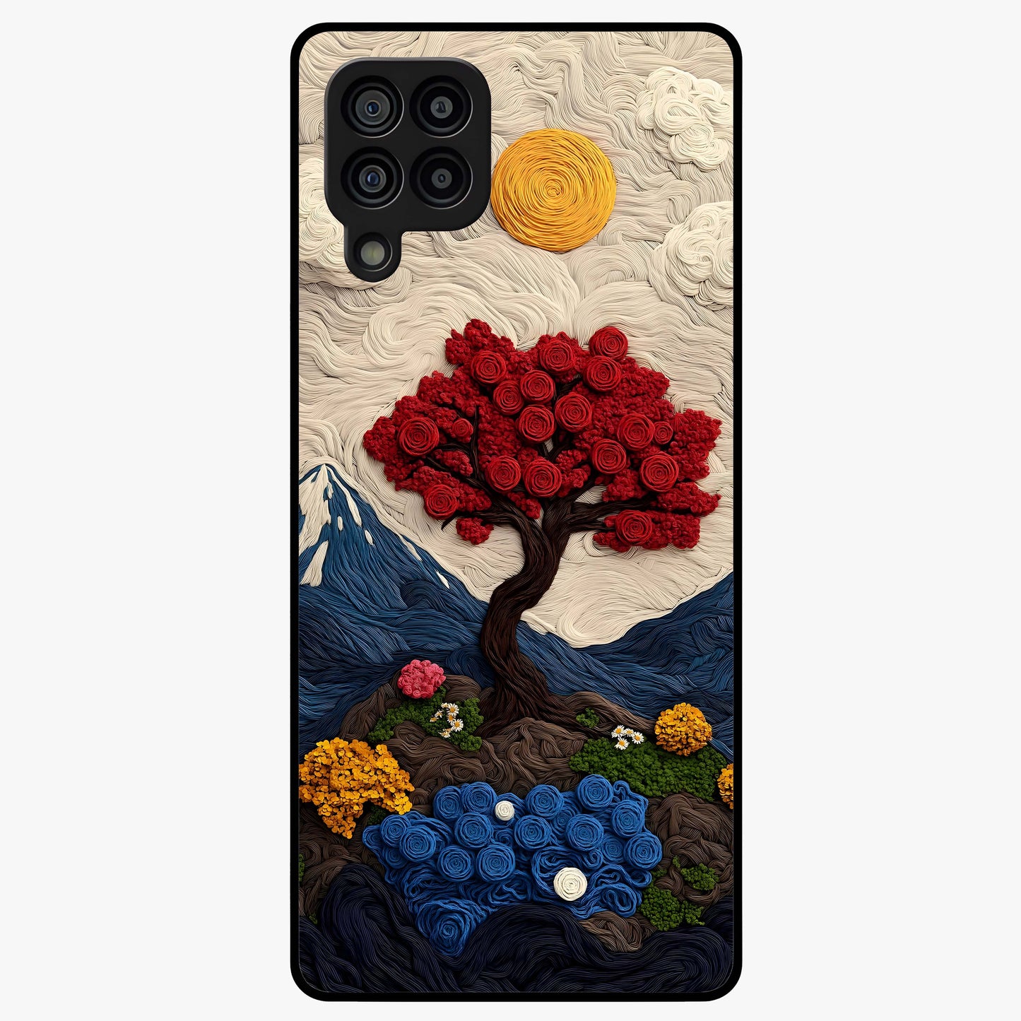 Eternal Nature Tapestry Glass Case showing flat back view with intricate nature tapestry artwork and glossy glass finish.