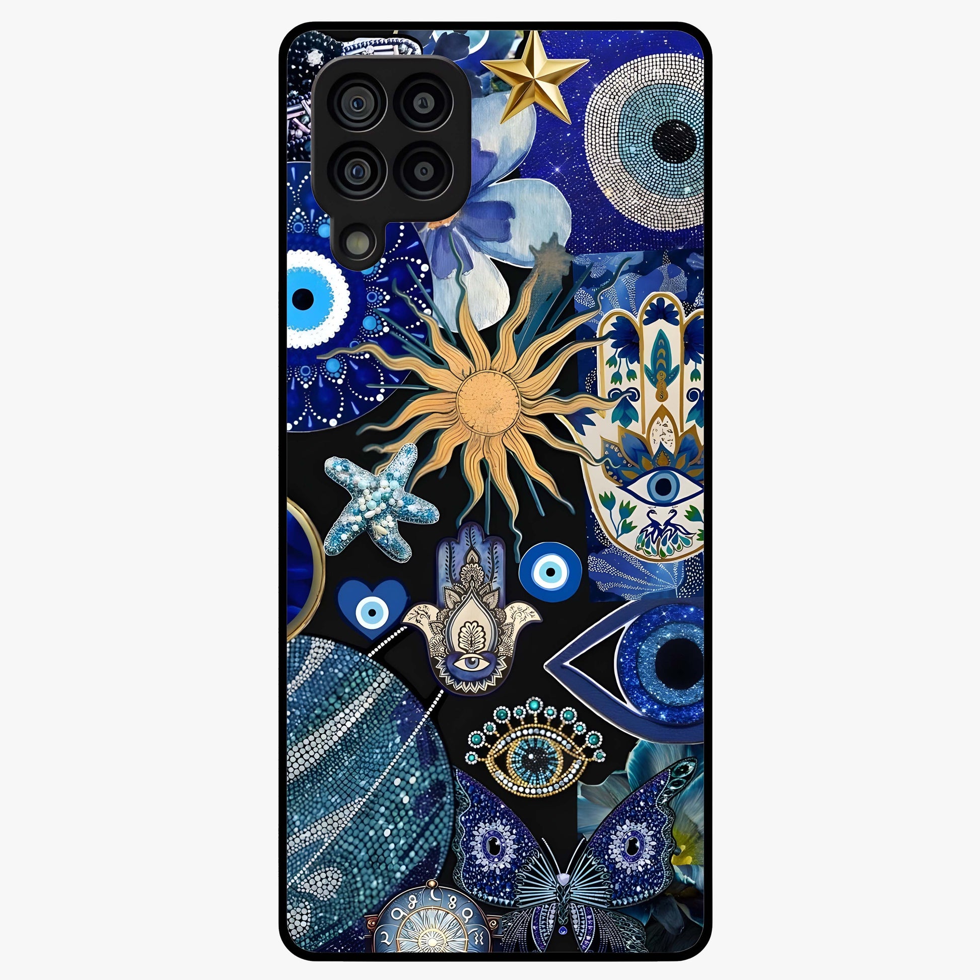 Evil Eye Charm Mix Glass Case showing flat back view with multiple evil eye charms artwork and glossy glass finish.