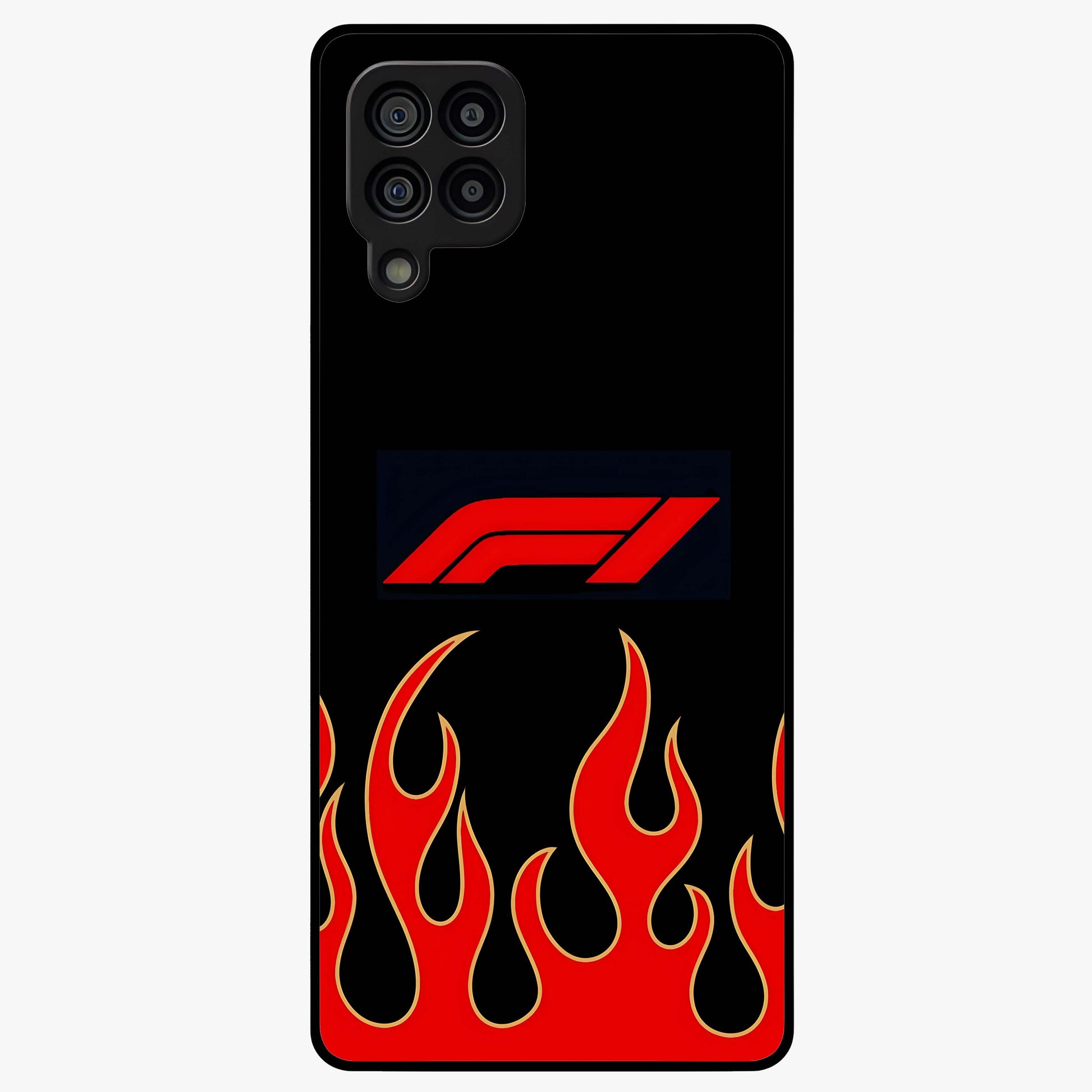 Fire F11 Glass Case showing flat back view with fiery themed artwork and glossy glass finish.