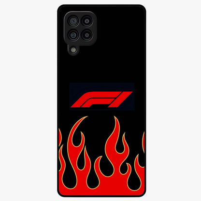 Fire F11 Glass Case showing flat back view with fiery themed artwork and glossy glass finish.