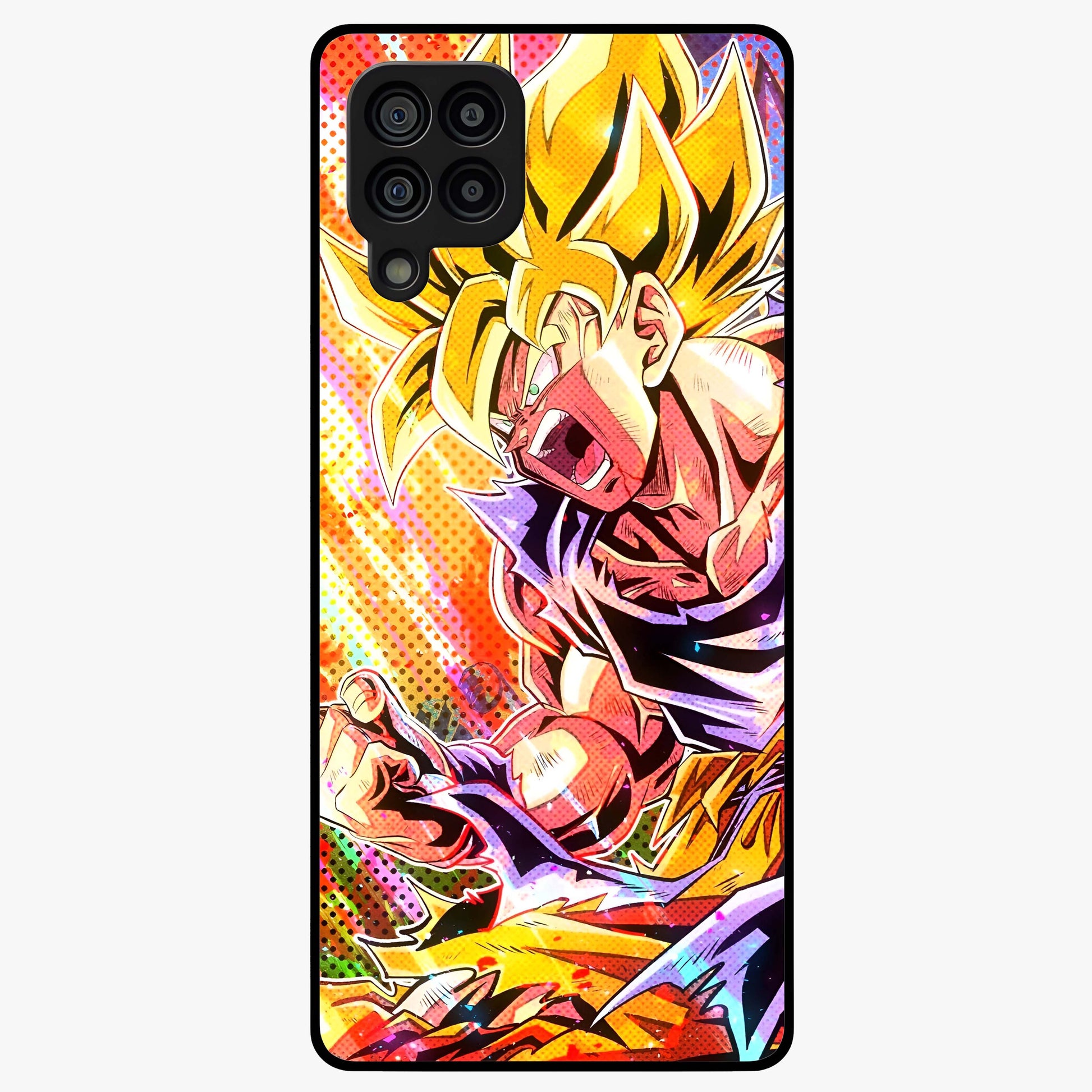 Firing Goku Glass Case showing flat back view with powerful anime inspired artwork and glossy glass finish.