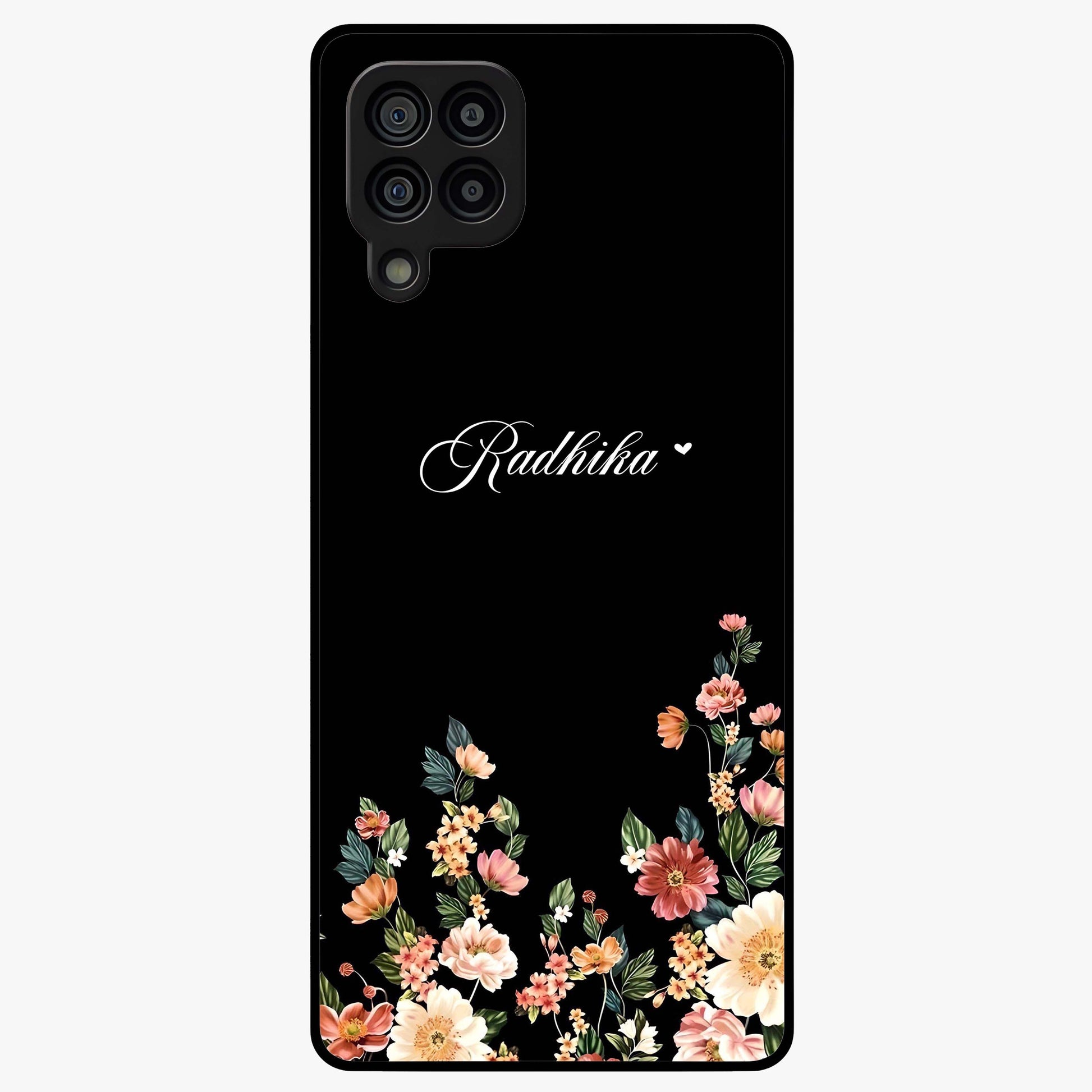 Floral Design With a Custom Personalized Name Glass Case showing flat back view with floral artwork and personalized name design.