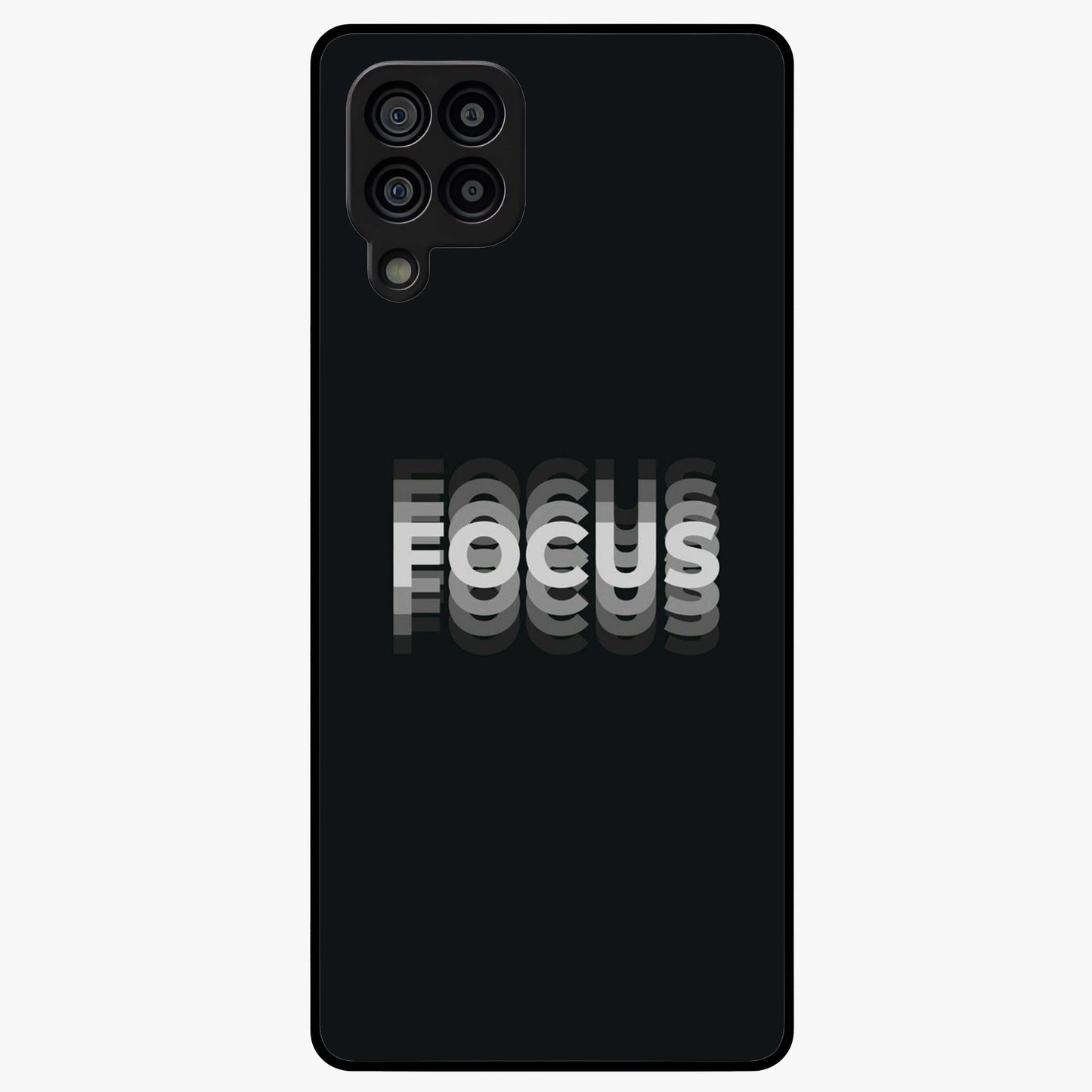 Focus Mode On Glass Case showing flat back view with bold motivational typography design and glossy glass finish.