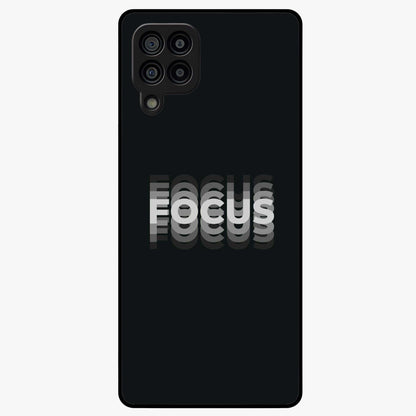 Focus Mode On Glass Case showing flat back view with bold motivational typography design and glossy glass finish.