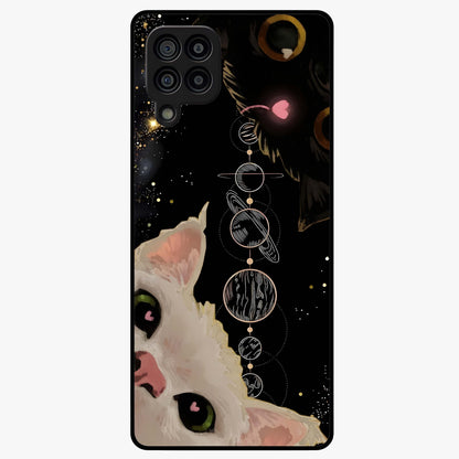 Galactic Cat Glass Case showing flat back view with cosmic cat artwork and glossy glass finish.