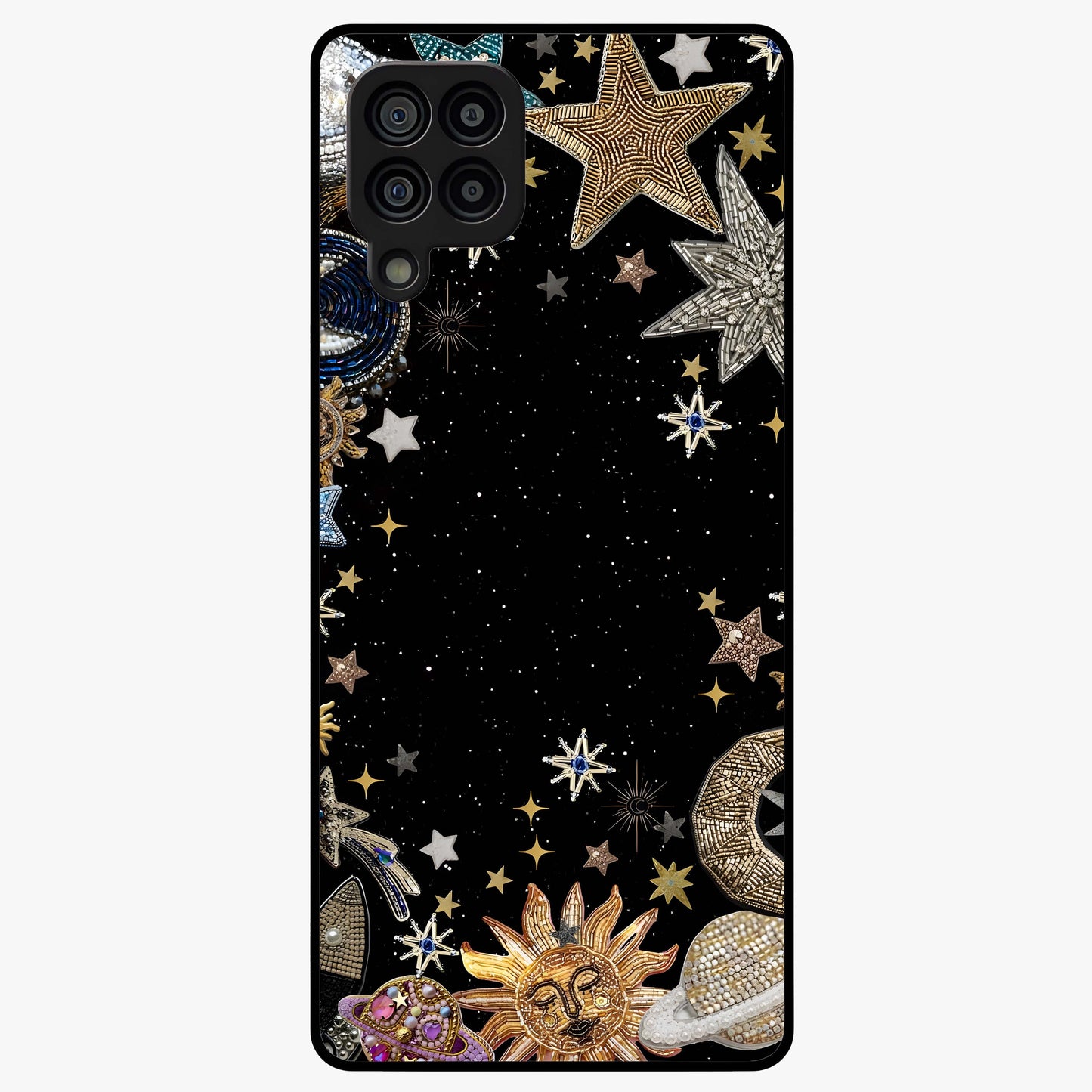 Galactic Jewel Stars Glass Case showing flat back view with sparkling star jewel artwork and glossy glass finish.