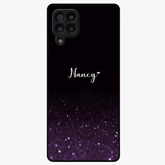 Glittery Purple Bokeh Custom Name Glass Case showing flat back view with purple bokeh sparkle artwork and personalized name design.