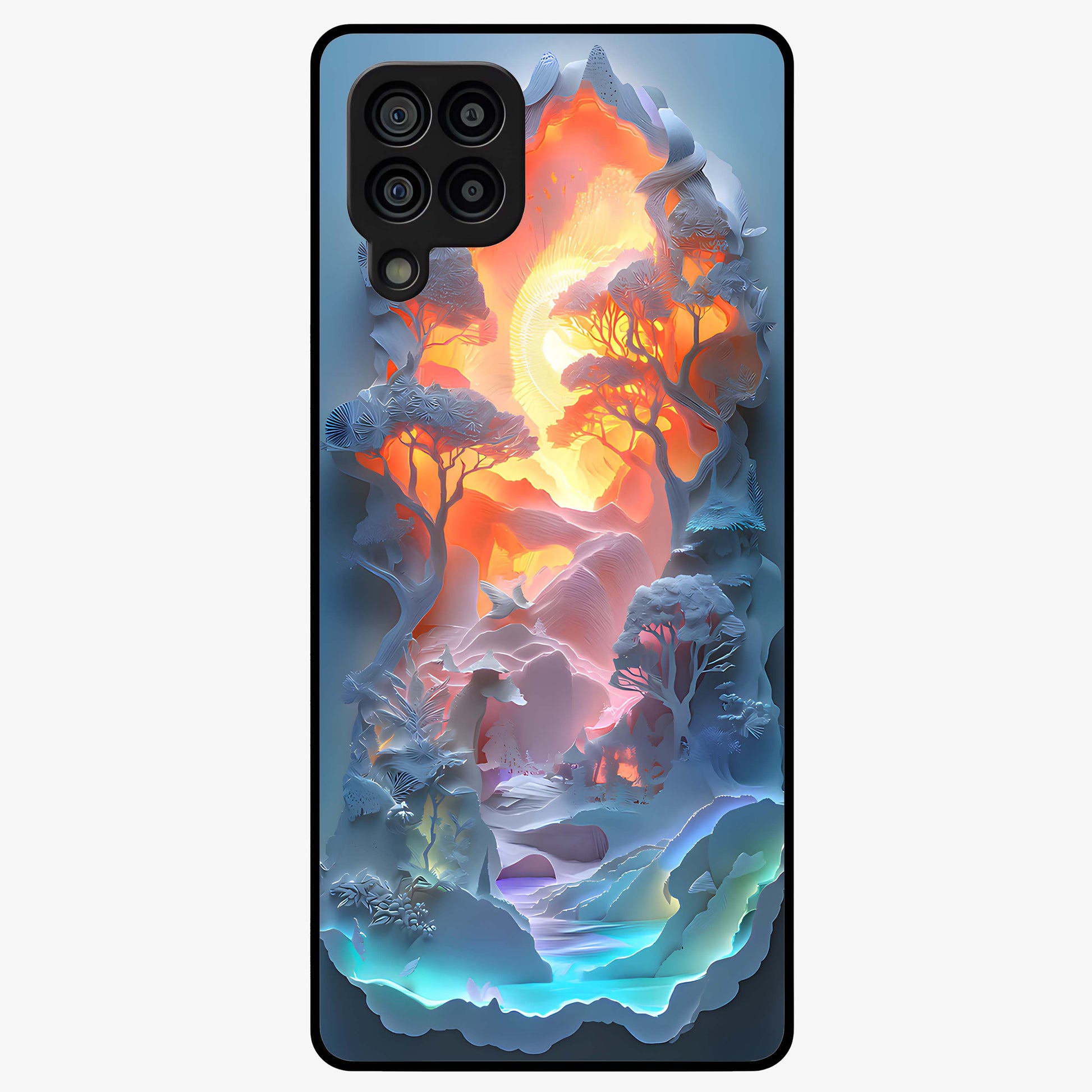 Glow Forest Portal Glass Case showing flat back view with glowing forest portal artwork and glossy glass finish.