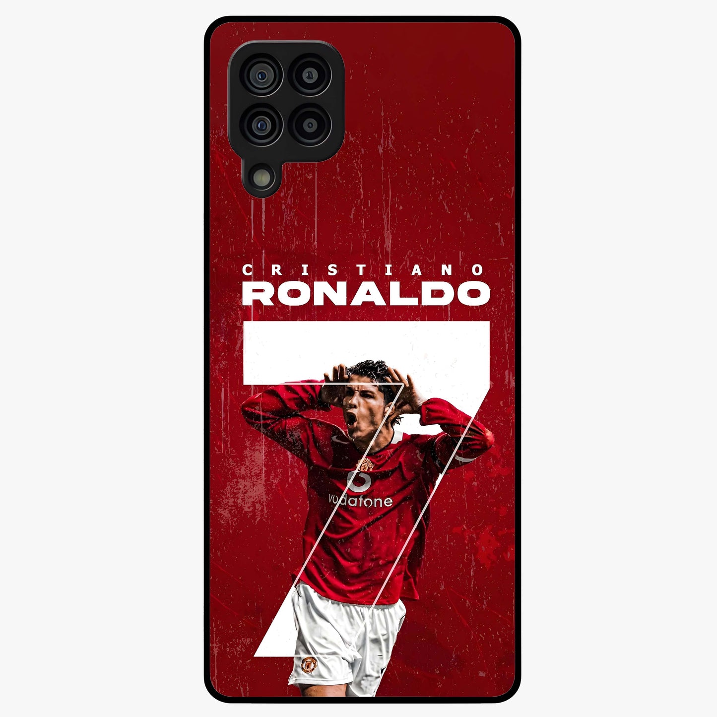 Goal Celebration Legacy Glass Case showing flat back view with football celebration inspired artwork and glossy glass finish.