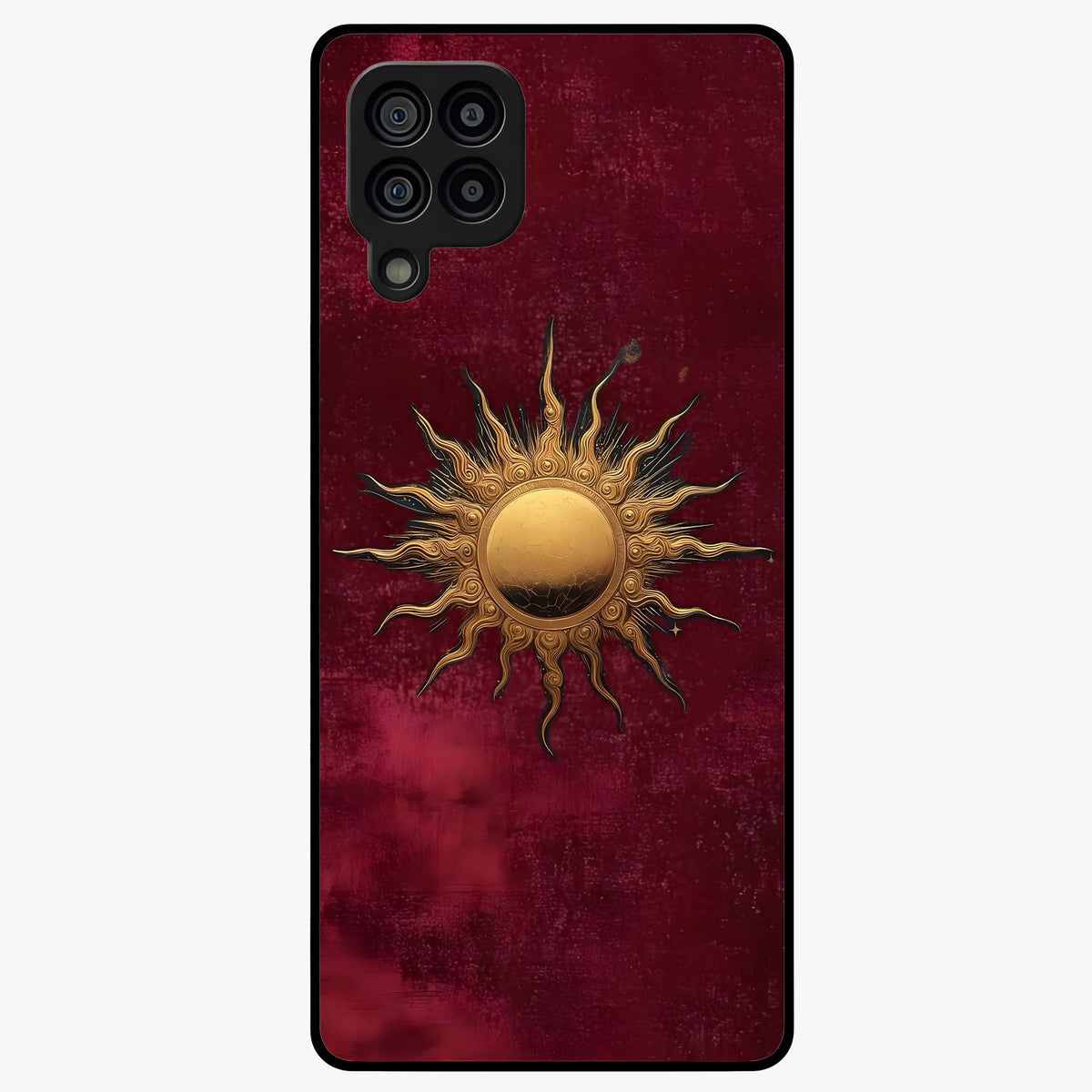 Gold Sun Blush Glass Case showing flat back view with golden sun inspired artwork and glossy glass finish.