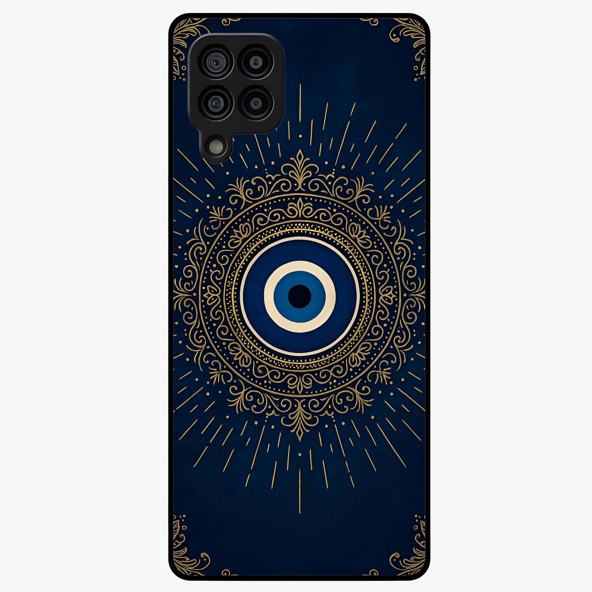Golden Evil Eye Mandala Glass Case showing flat back view with intricate evil eye mandala artwork and glossy glass finish.