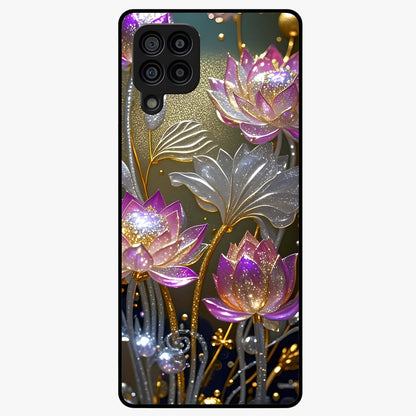 Golden Lotus Glow Glass Case showing flat back view with glowing lotus flower artwork and glossy glass finish.