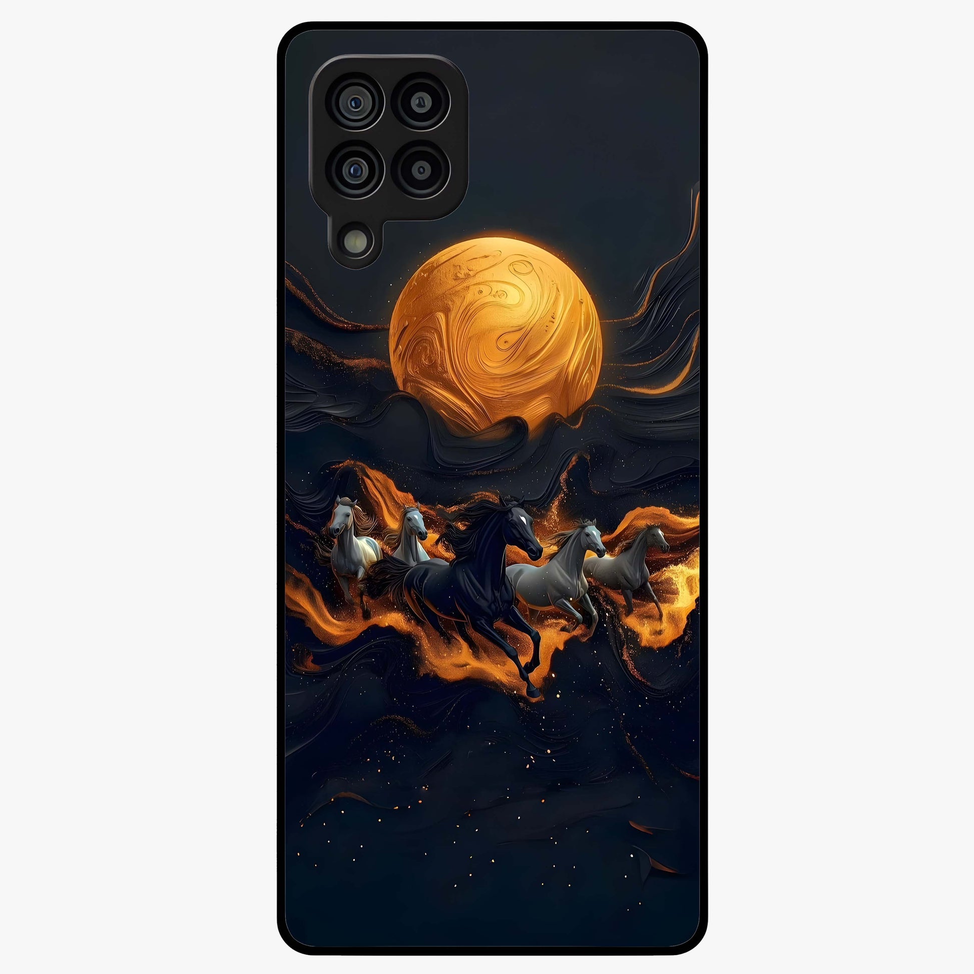 Golden Stallion Moonride Glass Case showing flat back view with majestic horse under moonlight artwork and glossy glass finish.