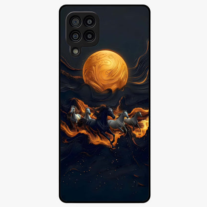 Golden Stallion Moonride Glass Case showing flat back view with majestic horse under moonlight artwork and glossy glass finish.