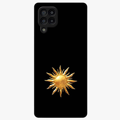 Golden Sun Minimalism Glass Case showing flat back view with minimal golden sun artwork and glossy glass finish.