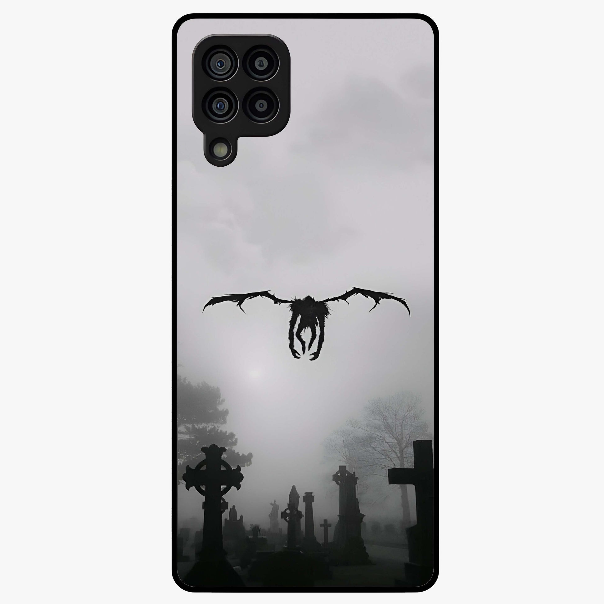 Graveyard Shadow Descent Glass Case showing flat back view with dark graveyard themed artwork and glossy glass finish.