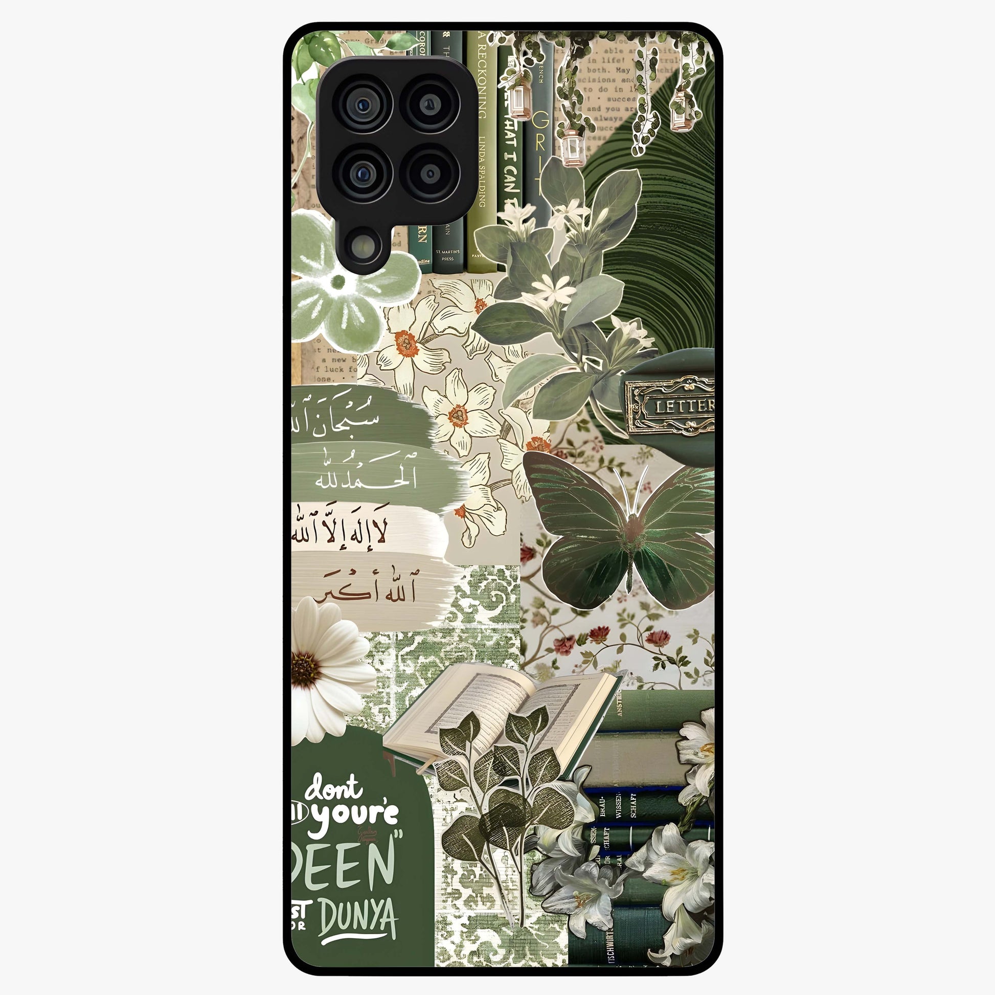 Green Islamic Books Quotes Glass Case showing flat back view with Islamic quotes and book themed artwork and glossy glass finish.