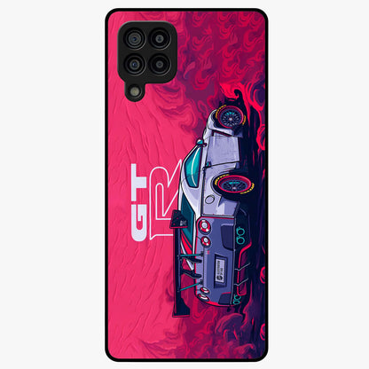 GT-R Car Pattern Glass Case showing flat back view with sporty car inspired pattern artwork and glossy glass finish.