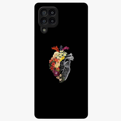 Heart With Flowers Glass Case showing flat back view with heart shaped floral artwork and glossy glass finish.