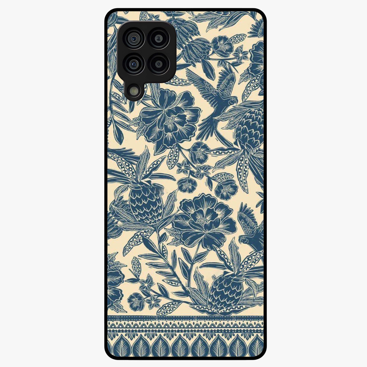 Heirloom Wild Bloom Glass Case showing flat back view with vintage inspired wild flower artwork and glossy glass finish.